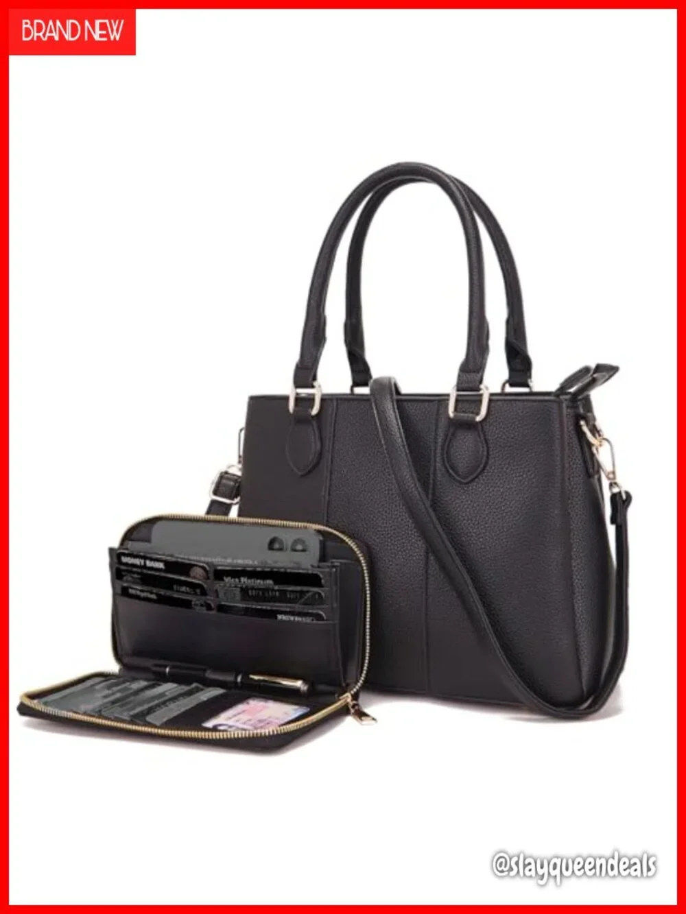 Women's PU Leather Satchel Handbag with Wallet Set, 3 Zipper Compartments, Tote
